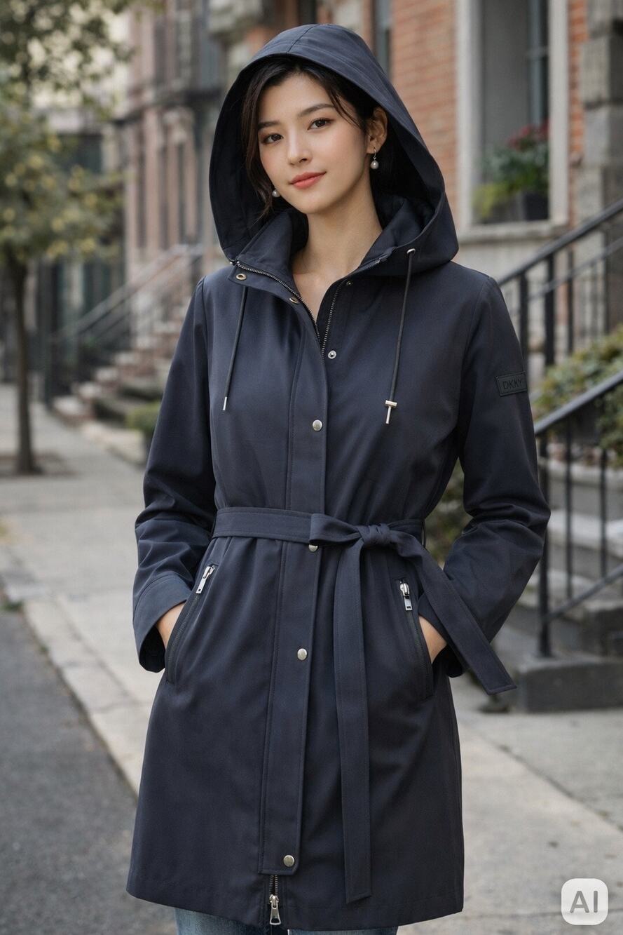 DKNY Women's Hooded NWT Trench Style Coat Sz G Lg Flattering Fit